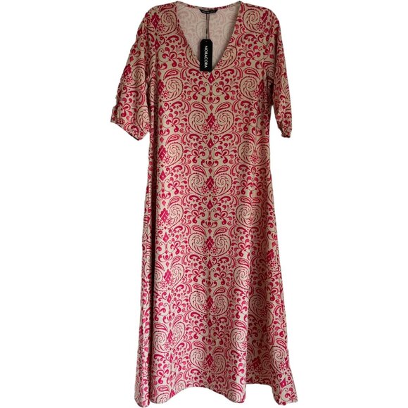 New Women's V-Neck A-Line Maxi Dress Pink & Beige Pattern Small Short Sleeve - Picture 1 of 8